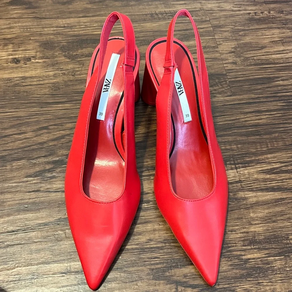 Zara Red Faux Patent Leather Slingback Pumps Heels Size US 8.5/EU 39 - Picture 6 of 8